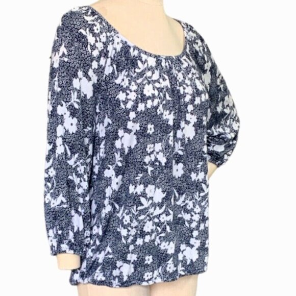 Michael Kors Cotton Modal Floral Peasant Top L Blue & White 134i - Picture 2 of 7